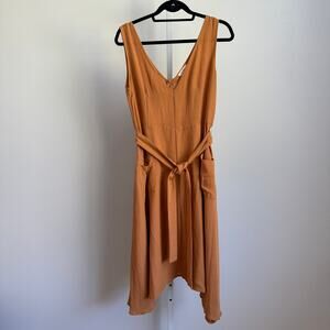 Blush J sz L Tan Belted Midi Dress Boho‎ Cottagecore